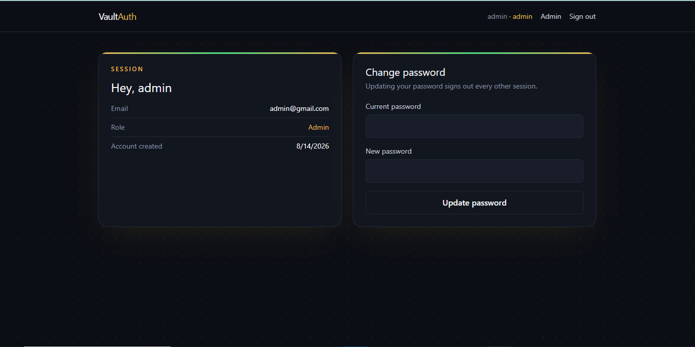 VaultAuth dashboard and change password interface